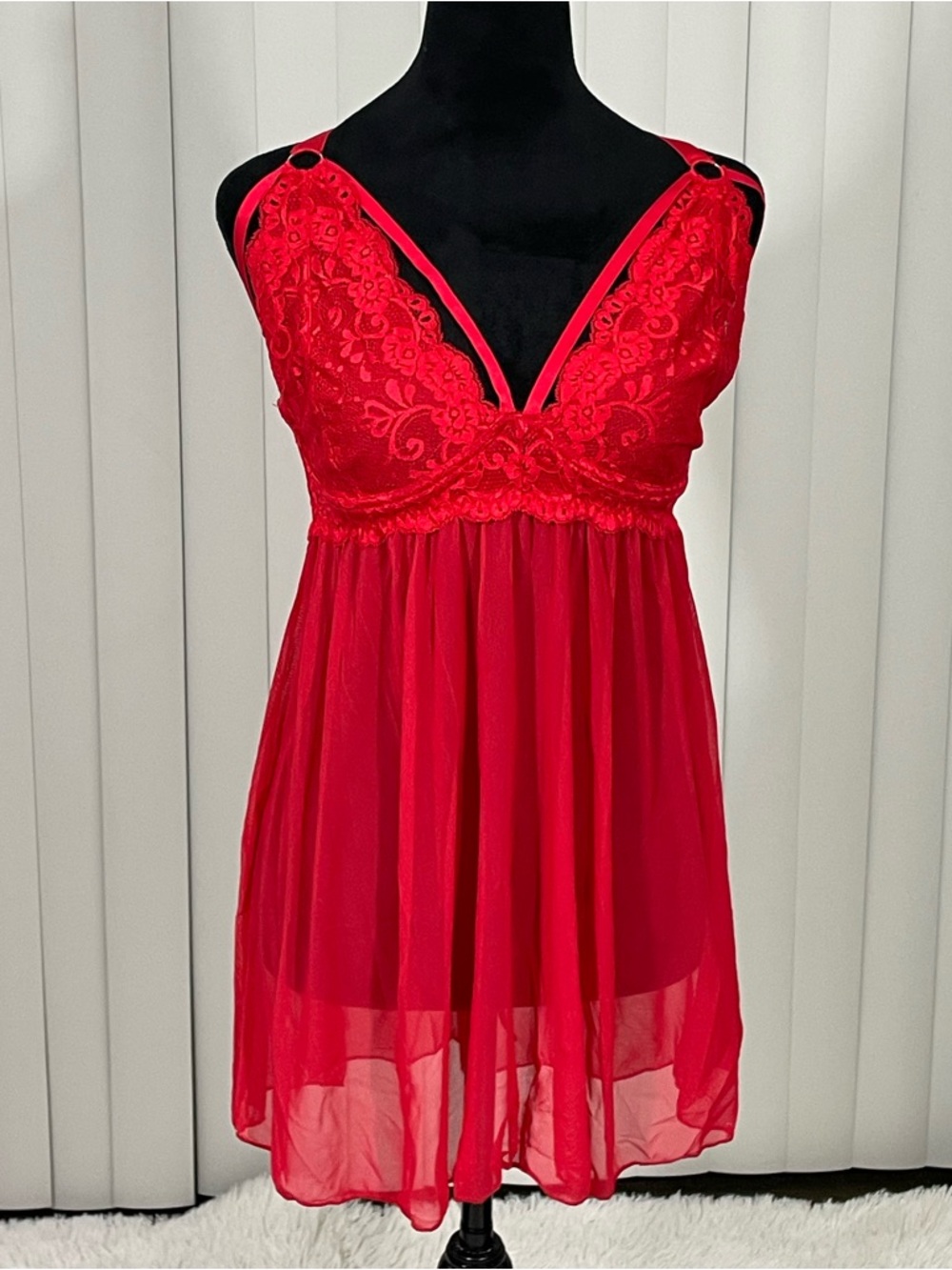 HIPS & CURVES Lace & Chiffon Strappy Babydoll Nightdress Lingerie Red Size 1X